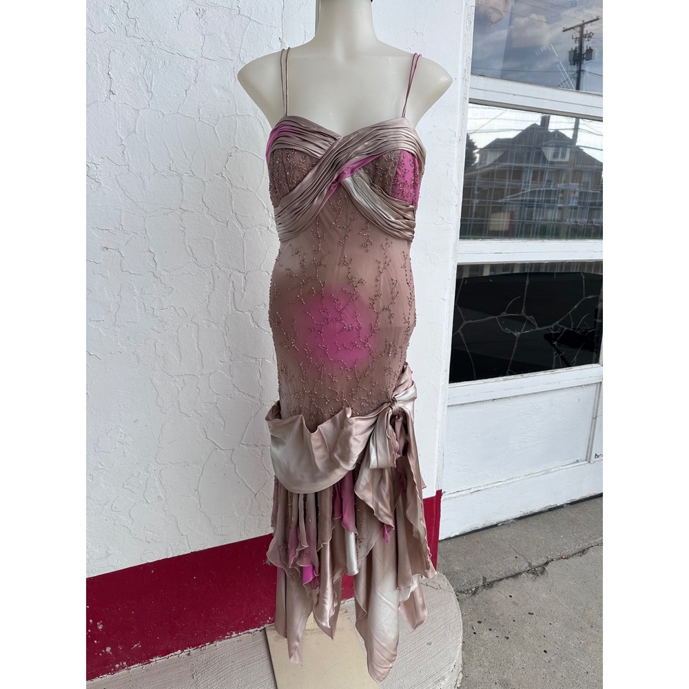 Vintage Xcite by Impression Coffee Pink Beaded Ruffle Formal Gown Dress 3269 6